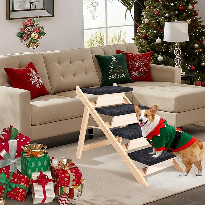 Dog Stairs/Ramp for Bed, Wooden Convertible Pet Steps, Portable Dog Ladder Up to 180 Pound for Elderly/Short-Legged Dogs, 4 Steps for Beds, Couch, Cars