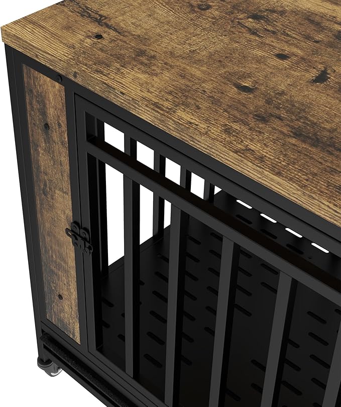 39 Inch Heavy Duty Dog Crate Furniture, Indestructible Wooden Dog Cage Kennel with Lockable Wheels and Removable Tray, Indoor Escape Proof Dogs House for Small Medium Dogs for Living Room Bedroom