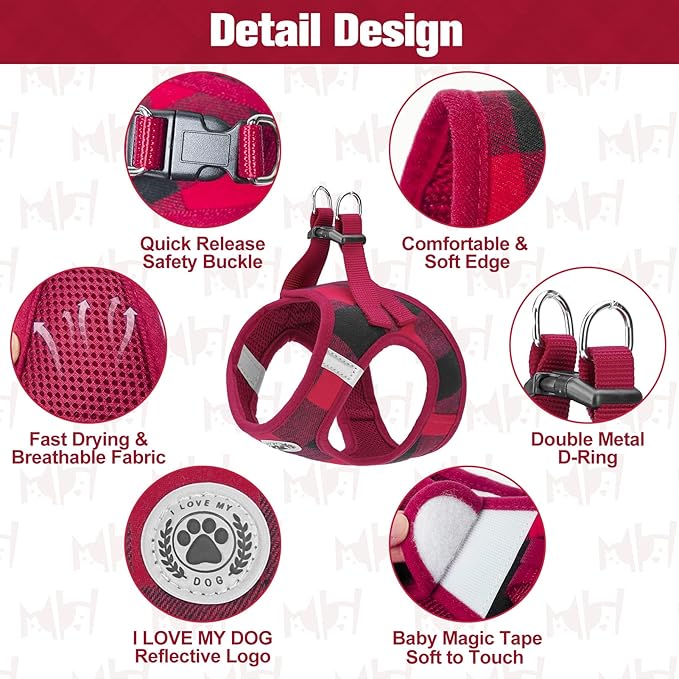 BEAUTYZOO Small Dog Harness and Leash Set,Step in No Choke No Pull Soft Mesh Dog Harnesses Reflective for Extra-Small/Small Medium Puppy Dogs and Cats, Plaid Dog Vest Harness for XS S Pets, Red M