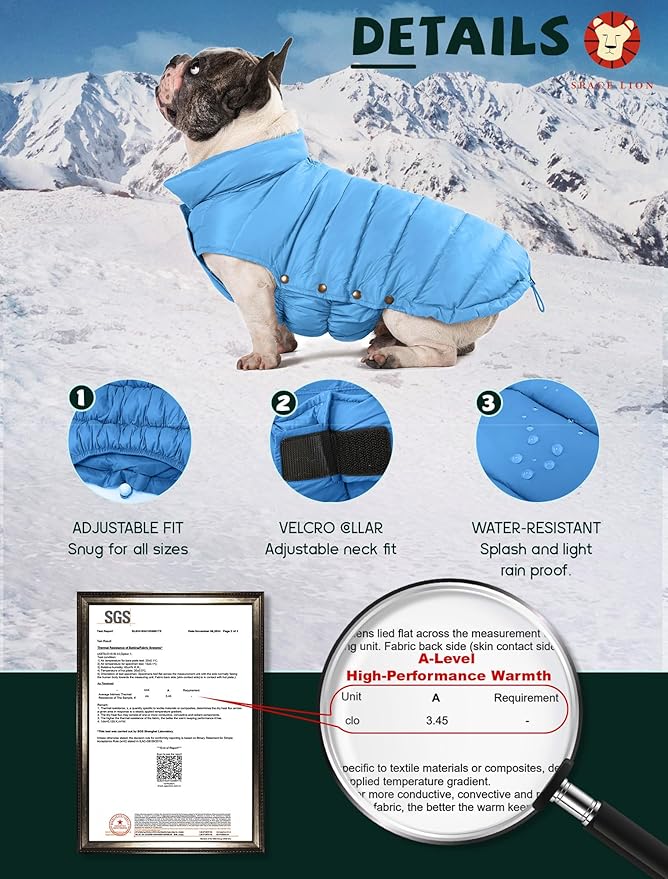 SPACE LION Dog Puffer Jacket, Down Winter Coat, Durable Outdoor Coat for Cold and Windy Conditions, Lightweight & Adjustable Fit Coats for Medium Dogs, (Alaskan Blue, Size 14 Gift Box)