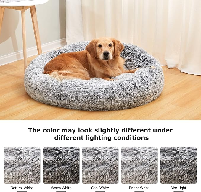 Bedfolks Calming Donut Dog Bed for Small Dogs & Cats, 23 Inches Round, Machine Washable, Anti-Anxiety Plush Bed (Dark Grey, Small)