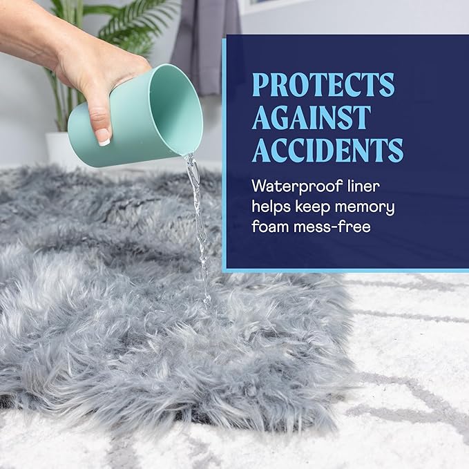 PAW Brands PupRug Orthopedic Dog Bed for Large Dogs with Fluffy Soft Faux Fur and Memory Foam for Joint Pain Relief, Machine Washable and Waterproof Couch Bed, White with Brown Accents, Medium