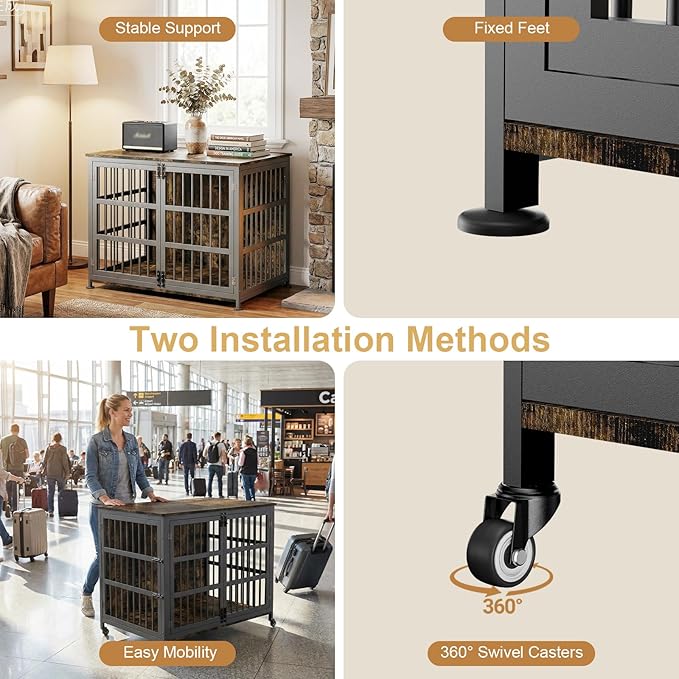 42" Furniture Style Large Dog Crate with Wheels, Metal Chew-Resistant Dog Kennel Indoor for Large & Medium Dogs, 41.9" W x 28.3" D x 31.7" H, Decorate House as TV Stand, End Table — Rustic Brown