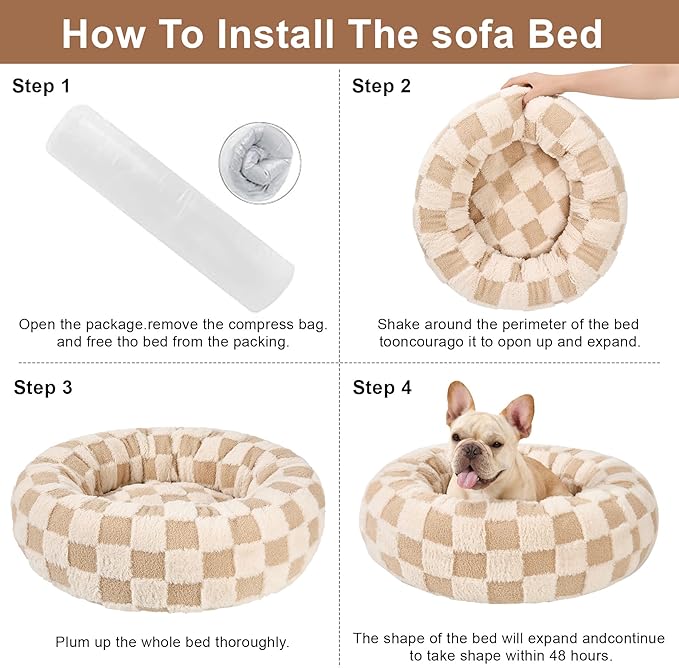 Dog Calming Beds for Small Medium Large Dogs - Round Donut Washable Puppy Dog Bed, Anti-Slip Faux Fur Fluffy Donut Cuddle Anxiety Cat Pet Bed (32" Grid)