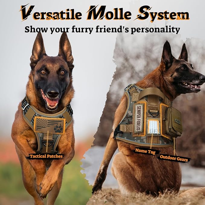 rabbitgoo Dog Harness Medium Sized No Pull, Tactical Service Pet Vest with Molle and Control Handle, Adjustable and Reflective Military Harness for Easy Walking and Training, Desert camo, M