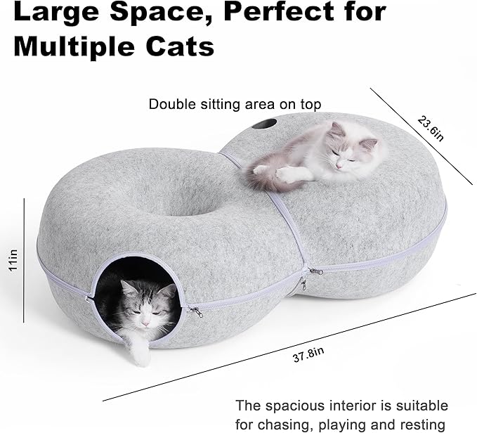 8-Shaped Large Cat Tunnel Bed for Indoor Cats, Infinite Circulation Peekaboo Cat Cave with 12 Toy Balls, Cat Donut Tunnel for Cats up to 30 Pounds (Light Grey, L 38x24x11in)