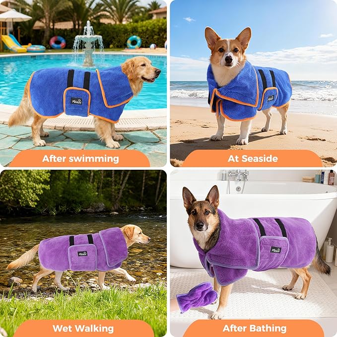 Mihachi Dog Bathrobe Towel Wrap Fast Drying with Drying Gloves Set, Super Absorbent Coral Fleece Dog Drying Coat Bath Robe for Puppy, Medium & Large Dogs, Adjustable Collar & Belly Strap, Purple L
