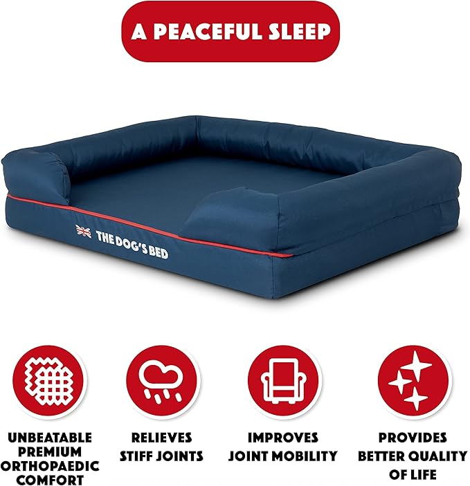 The Dog’s Bed Orthopedic Dog Bed Medium Blue Oxford with Red Trim UK Flag Dog Bed, Memory Foam, Pain Relief, Post Surgery, Lameness, Waterproof Washable Cover Cover, Veterinary Approved
