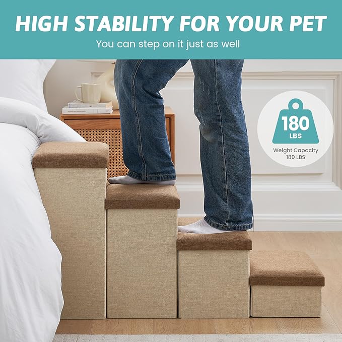 Dog Stairs with Storage, 3-Step Wider Sturdy Dog Steps for Small/Medium/Large Dogs and Older Cats, Folding Doggie Ramp for Bed/Couch/Car Hold Up to 180 lbs (16.7" H, Brown)
