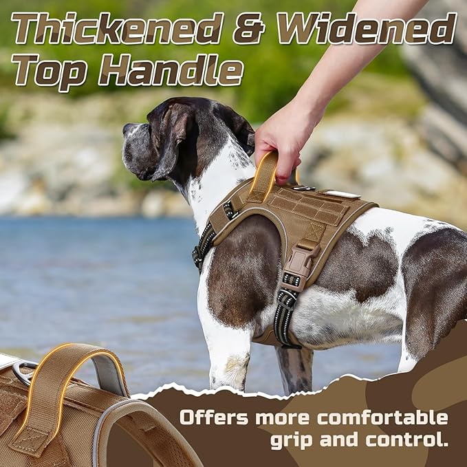 rabbitgoo Tactical Dog Harness for Large Dogs, No Pull Military Service Vest with Handle & Molle, Easy Control for Training Walking, Adjustable Reflective Straps, Brown, L