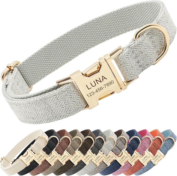 Polyester Personalized Dog Collar with Name and Phone Number, Customizable Laser-Engraved Collar with Metal Quick Release Buckle for Dogs (WhiteSmoke)