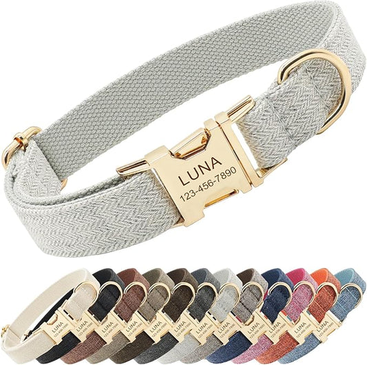 Polyester Personalized Dog Collar with Name and Phone Number, Customizable Laser-Engraved Collar with Metal Quick Release Buckle for Dogs (WhiteSmoke)