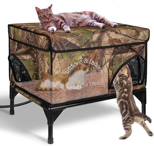 Heated Cat House for Outside Cat in Winter, Insulated Outdoor Feral Cat Shelter with Cat Heating Pad, 2 Doors,Elevated Waterproof Heated Kitty House (Camouflage, 21.5"x16.5"x18")
