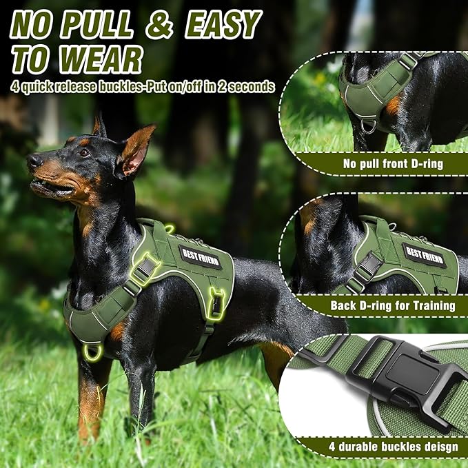 Tactical Dog Harness for Large Dogs,No Pull Military Dog Vest with Handle,Reflective Heavy Duty Pet Harness for Walking Hiking Training Green L
