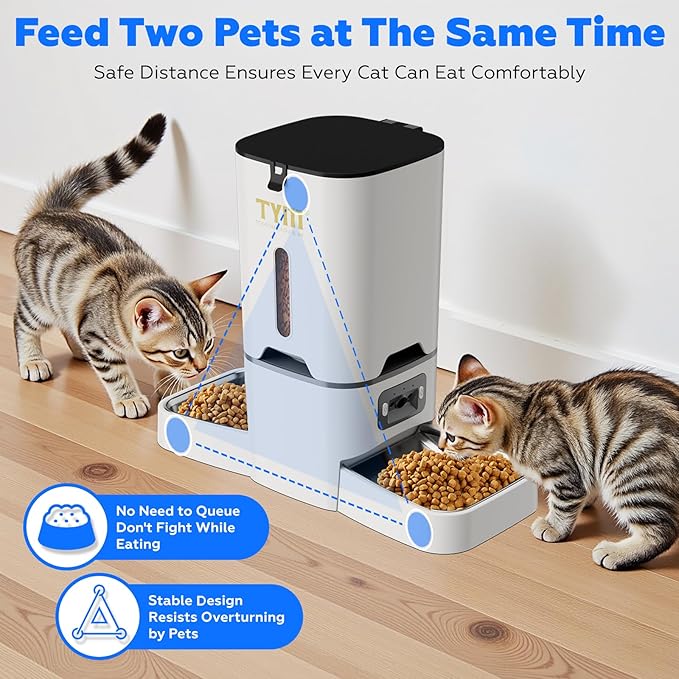 TYM Automatic Cat Feeder with 2 Camera for 2 Cats,7L Dog Automatic Feeder with Night Vision 2K 4MP 5G WiFi Dual Cat Feeder with Smart App Two-Way Audio Privacy Masking-Stainless Steel