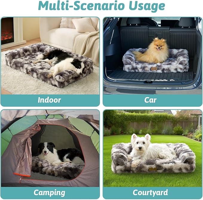 Faux Fur Orthopedic Dog Bed, Large Dog Bed, Supportive Foam Pet Sofa with Waterproof Lining Cover, Washable U-Shaped Pet Couch with Anti-Slip Bottom Design, Tie-dye Grey XL 42x30x7 inch