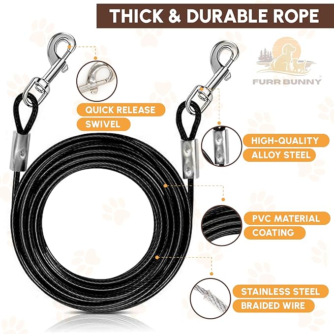 Dog Tie Out Cable and Stake for Medium Dogs Upto 50 LBs – Anti-Tangle, Rust-Resistant, 360° Swivel Leash System – 18 Inches Spiral Stake and 4mm 20 FT Long Dog Runner for Yard