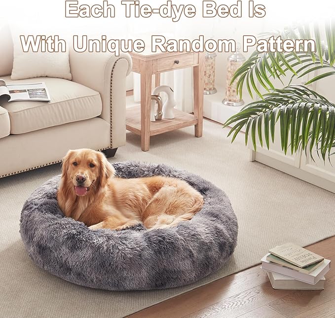 36 inches Donut Dog Bed for Large Dogs - Calming Fluffy Round Pet Bed with Removable & Washable Cover,Fits up to 80 lbs Pets (Tie-dye Grey,Large)