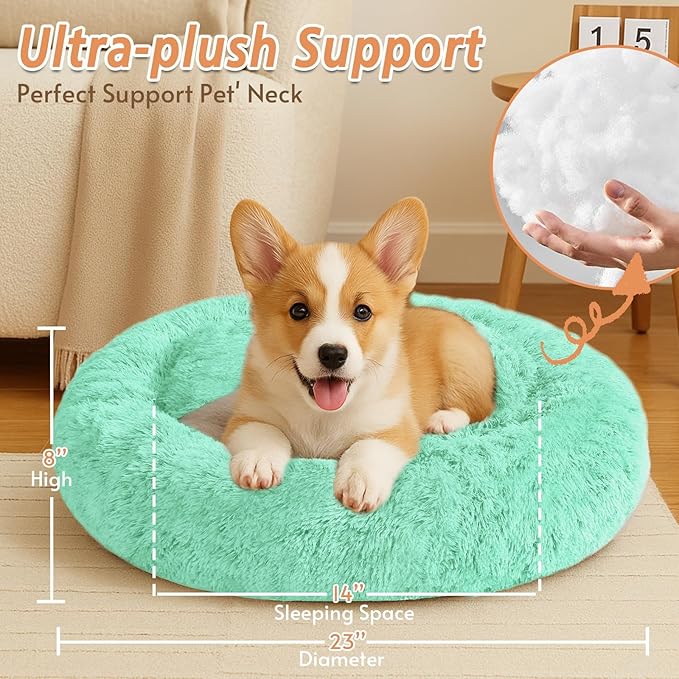 JOLLYVOGUE Calming Dog Bed for Small Dogs - 23 inches Donut Washable Small Dog Bed for Kittens & Puppies, Anti-Slip Round Fluffy Plush Faux Fur Cat Beds (Fits up to 25 lbs Pets, Mint Green)