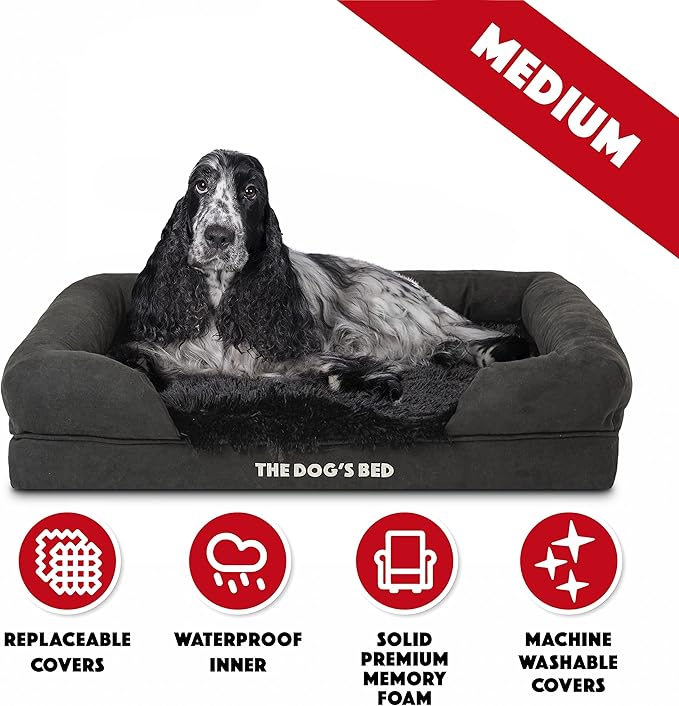 The Dog’s Bed, Medium Black Faux Fur, Memory Foam, Pain Relief: Arthritis, Hip & Elbow Dysplasia, Post Surgery, Lameness, Supportive, Calming, Washable Cover, Veterinary Approved