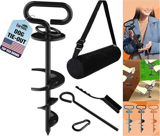 Eurmax USA Heavy-Duty Dog Tie Out Stakes Easy Installation Yard Dog Leash Anchor Dog Stake for Outside Portable Camping Dog Ground Anchor Dog Anchor for Large Dogs,Trampoline,1-Pack(Black)