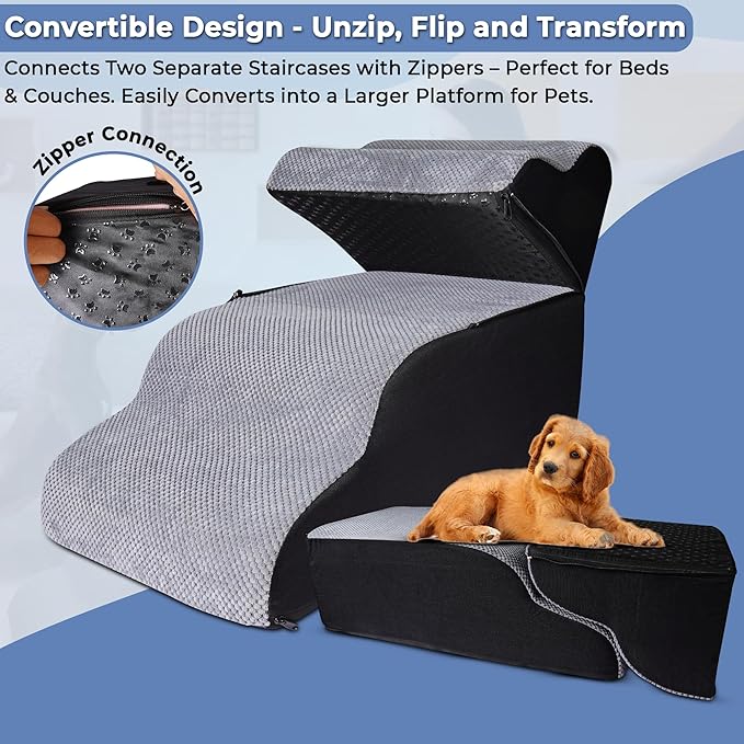 4 Steps Pet Stairs for Small Dogs, 19” High Curved Dog Stairs for Bed with Non-Slip Base, High-Density Foam, and Removable Washable Cover