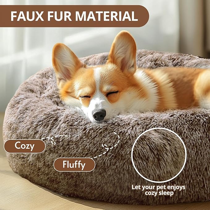 JOLLYVOGUE Calming Small Dog & Cat Bed for Indoor Cats - 20 inches Washable Donut Bed for Kittens & Puppies, Anti-Anxiety Round Fluffy Plush Pet Beds (Fits up to 15 lbs, Smoke Brown)