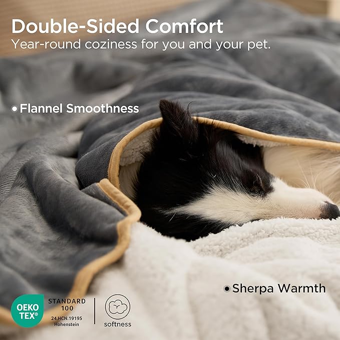 Bedsure Waterproof Blanket for Bed - Sherpa Fleece Waterproof Dog Blankets for Large Dogs, Pet Blankets for Bed/Couch, Soft Plush Reversible Furniture Protector, Queen Size, 90"x86", Grey
