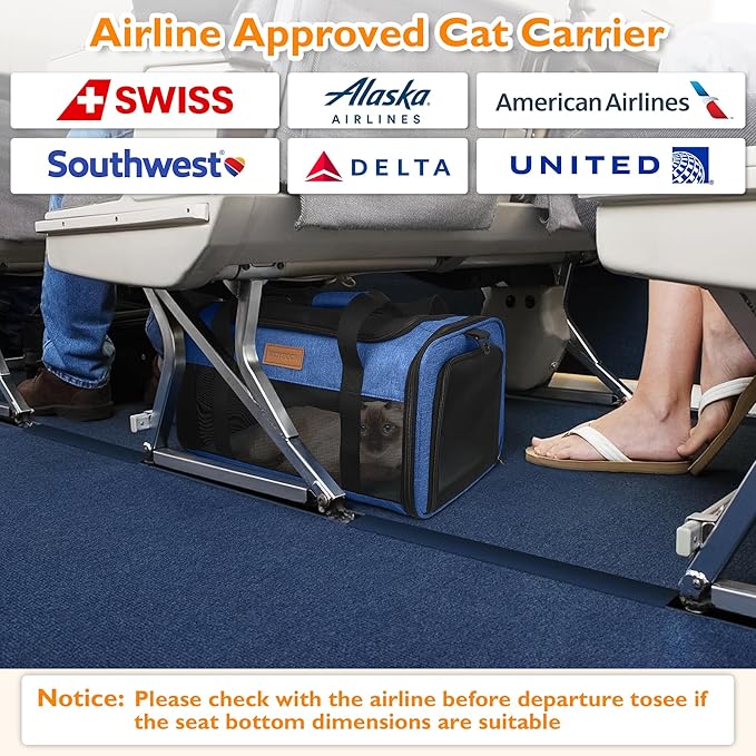 PETUX Cat Travel Carrier with Litter Box - 17"x11"x9.5", TSA Airline Approved, Underseat, Soft Sided Pet Carrier for Small Cats Under 12 lb with Safety Zipper, Anti-Scratch Mesh - Blue