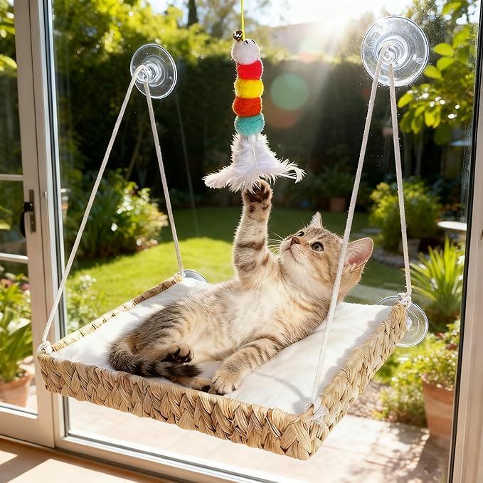 Cat Window Perch with 4 Strong Suction Cups and Ball Toy, Handwoven Straw Cat Window Hammock Sturdy Hanging Bed Seat Soft Cushion for Indoor Cats