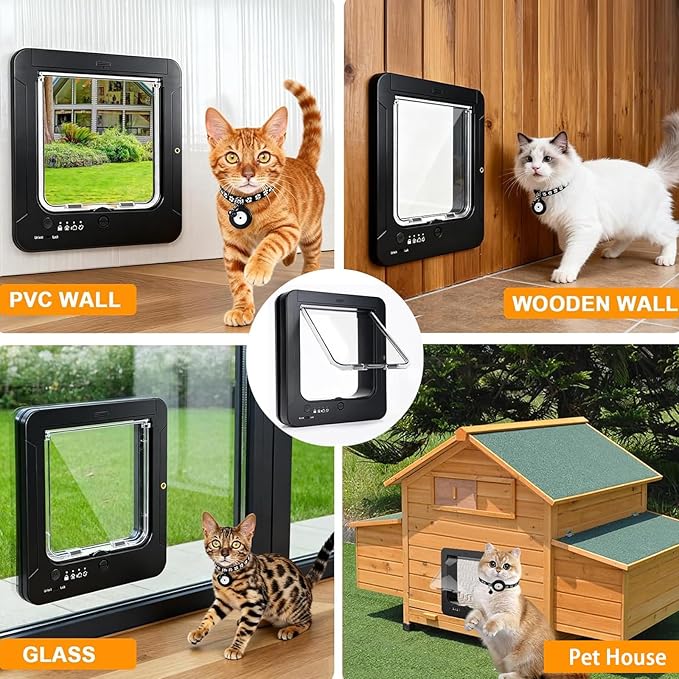 Smart Cat Door with 3 Collar Sensor & 1 Remote Control, Automatic Sensing Pet Door for Interior & Exterior, 4 Way Locking Cat Flap Pet Door with RFID Collar Activated Opening (Black)