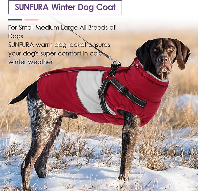 SUNFURA Dog Winter Coat, Waterproof Dog Coat Jacket with Harness for Medium Dogs Boys Girls, Reflective Fleece Lined Pet Snow Jacket Sweaters for Pug, Jack Russel, Boston Terrier, Burgundy M