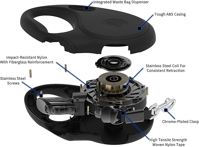 TUG Oval 360° Tangle-Free Retractable Dog Leash with Integrated Waste Bag Dispenser (Large, Black)