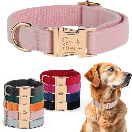 Velvet Harness Set, Gift for Pet Owners, Custom Dog Collar Personalized with Name and Phone Number, Custom Collar and Leash for Dogs, Engraved Metal Buckle Collar (Large)