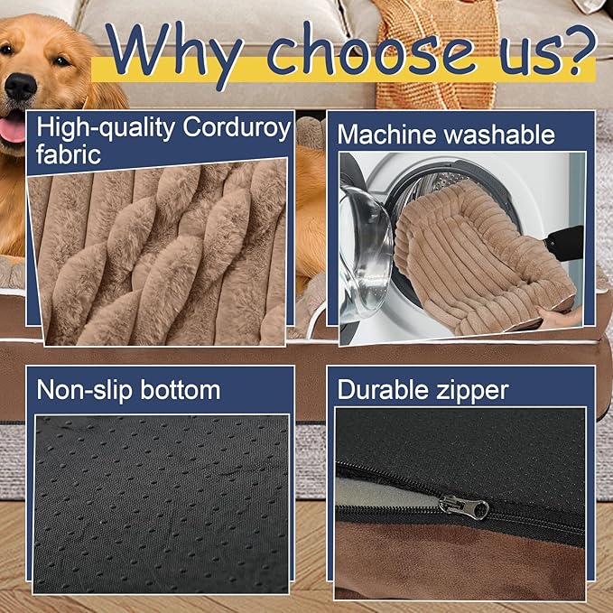 Orthopedic Dog Bed for Large Medium Sized, Washable Memory Foam Large Dog Bed Premium Soft Corduroy Fleece, Durable Medium Pet Sofa with Removable Cover, Washable Waterproof Pet Couch Beds(Brown,XL)
