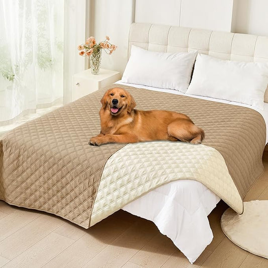 Smiry Waterproof Dog Bed Cover Pet Blanket, Soft Washable Dog Blanket for Furniture Bed Couch Sofa Reversible, Checkered (82"x82", Camel/Beige)