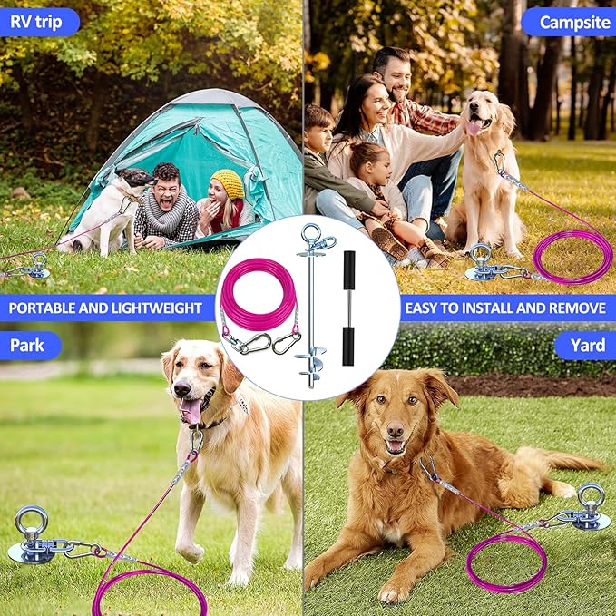 TOPKNOT Dog Tie Out Cable and Stake,(up to 200lbs) 15FT Heavy Duty Cable,360°Swivel Run Anchor- No Tangle,Dog Runner for Yard,Ideal for Outdoor Camping