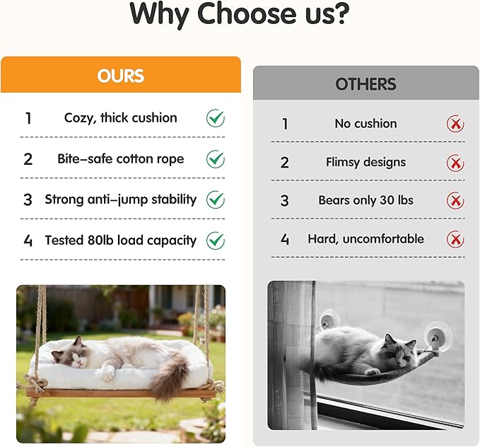 Cat Window Perch, Rustic Cat Hammock Bed with Solid Wood Seat 4 Heavy Duty Suction Cups, Plush Cushion, Indoor Pet Window Hammock for Cats for Large Cats