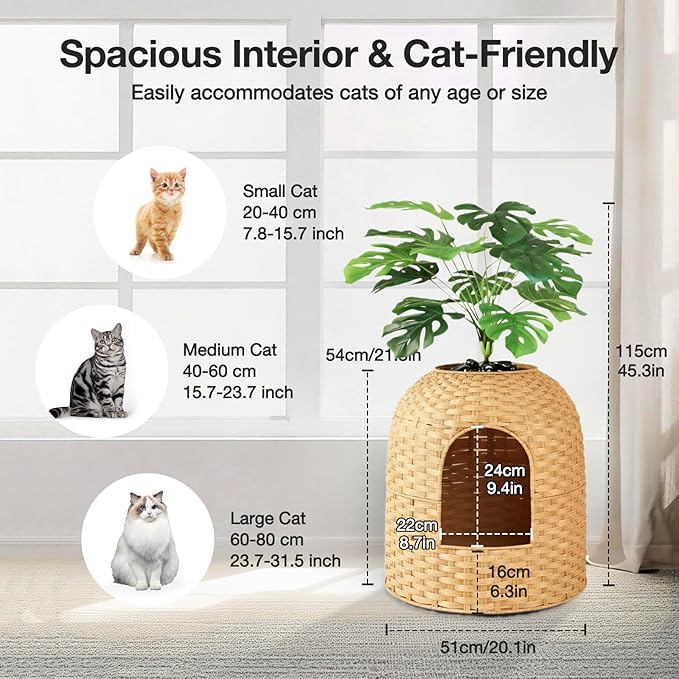 Cat Litter Box Hidden Planter Enclosure, Handwoven PE Rattan Cat Bed Cave House, Wicker Cats Toilet Furniture for Indoor Corner Living Room Bedroom Balcony