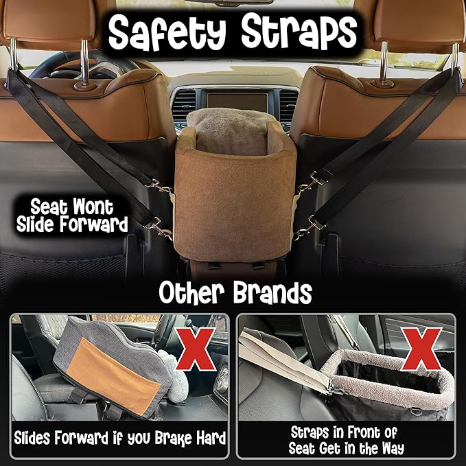 Center Console Dog Car Seat | 11 lbs MAX | Safety Straps & Leash | Comfortable Foam and Plush Pillows | Adjustable Mount Design | Large Storage Pockets | Perfect for Small Pets & Cats (Brown)