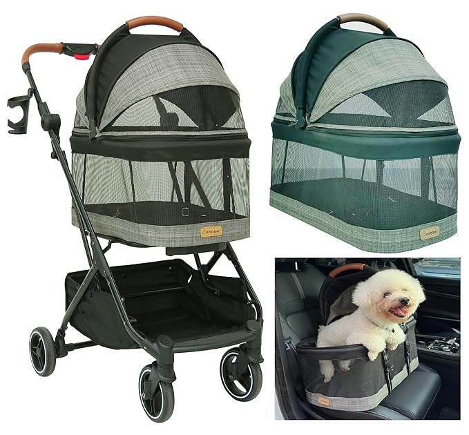 ROODO Fashion 3-in-1 Dog Cat Stroller with Detachable Carrier&Car Seat Combo Best Lightweight Folding Portable All-Terrain Travel Pet Gear Puppy Doggie Kitty Stroller for up to 35 lbs(Grey Lattice)