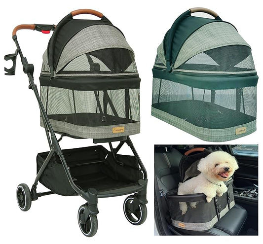 ROODO Fashion 3-in-1 Dog Cat Stroller with Detachable Carrier&Car Seat Combo Best Lightweight Folding Portable All-Terrain Travel Pet Gear Puppy Doggie Kitty Stroller for up to 35 lbs(Grey Lattice)