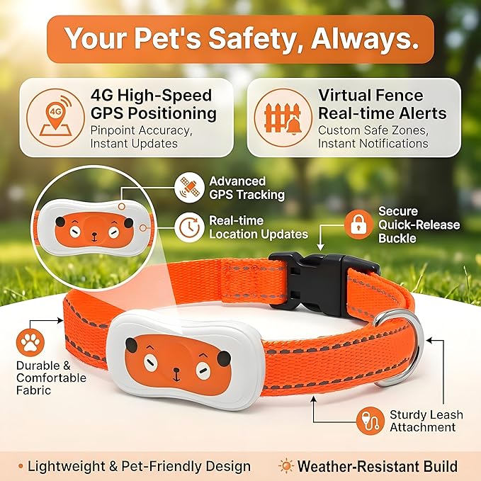 Smart Dog GPS Tracker,Live Pet Tracker with Virtual Fence Dog Collar with App,Smart Alerts,Collar-Compatible,4G Built-in SIM,iOS & Android
