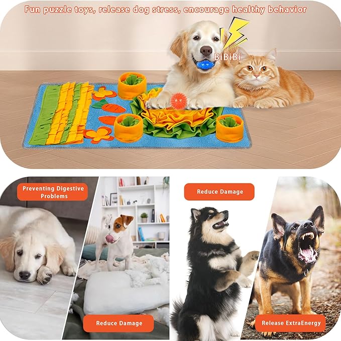 Snuffle Mat for Dogs - Interactive Dog Feeding Mat with Squeaky Center & 2 Spikey Balls | Mental Enrichment Toy for Small, Medium, Large Dogs | Slow Feeder, Machine Washable, Non-Slip Base