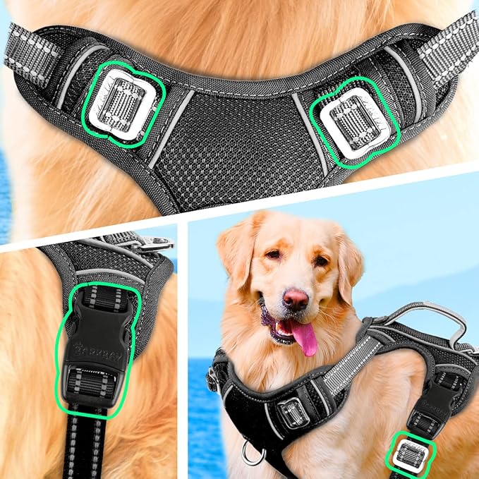 BARKBAY No Pull Dog Harness Large Reflective Dog Harness with Front Clip and Easy Control Handle for Walking Training Running with ID tag Pocket(Black,L)