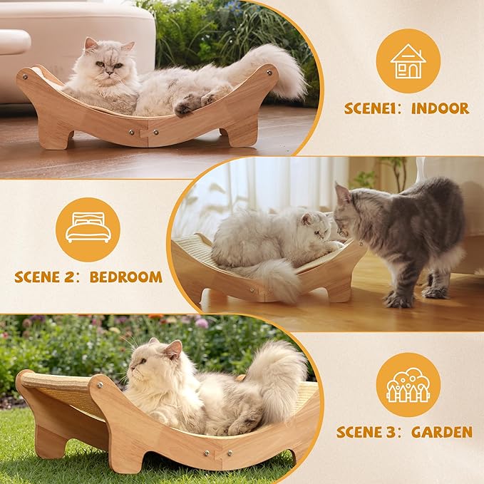 Natural Sisal Cat Scratcher Bed for Indoor Cats Scratching Post Hammock Lounge with Oak Frame, Wooden Cat Furniture for Large Cats, Modern Scratcher
