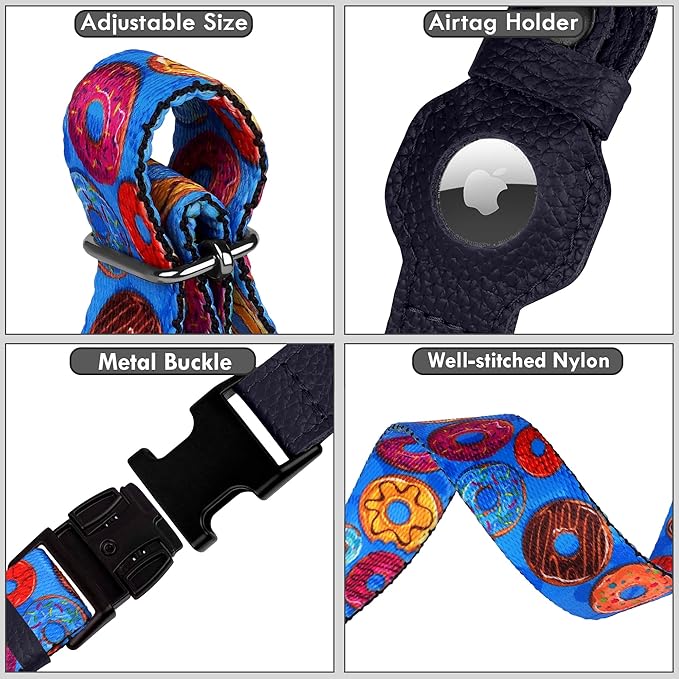 AirTag Dog Collar with Metal Buckle - Printed Nylon Soft Leather Dog Collar with Apple AirTag Holder - Secure Tracking GPS Pet Collars for Girl Boy Small Large Dogs (XS, 9"-12" Neck Fit, Donuts)