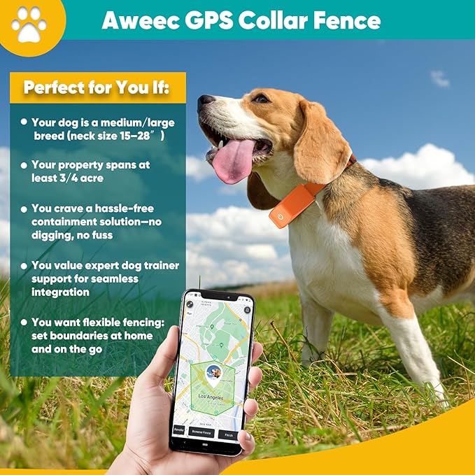 GPS Electric Dog Fence with Free App, Wireless Fence System with Training Collar, Portable Fence for Outdoor Use, Rechargeable Waterproof Flexiable Collar, Adjustable of Dogs (Orange)