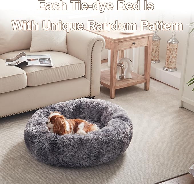 30 inches Donut Dog Bed for Medium Dogs,Calming Fluffy Round Pet Bed with Removable & Washable Cover,Fits up to 45 lbs Pets(Tie-dye Grey,Medium)