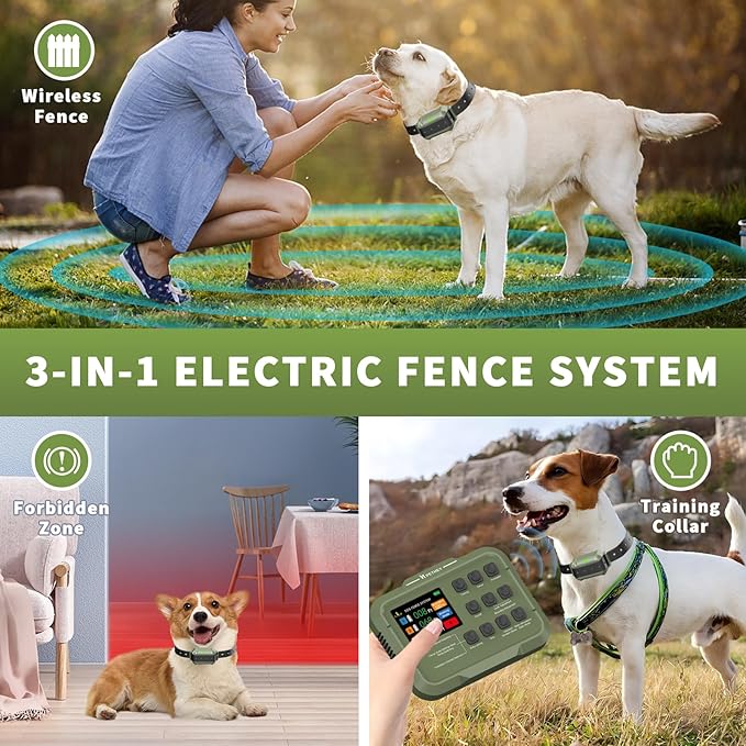 2025 Upgraded Wireless-Electric Fence System, Dog Training,Forbidden Zone, Dog Perimeter Collar Wireless Fence Covering Up to 5.6 Acre (2 Dogs)